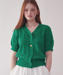 CABLE HEART BUTTON SHORT SLEEVE KNIT CARDIGAN GREEN