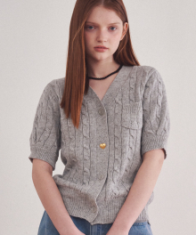 CABLE HEART BUTTON SHORT SLEEVE KNIT CARDIGAN GREY