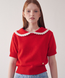 HEART ROUND COLLAR SHORT SLEEVE KNIT RED