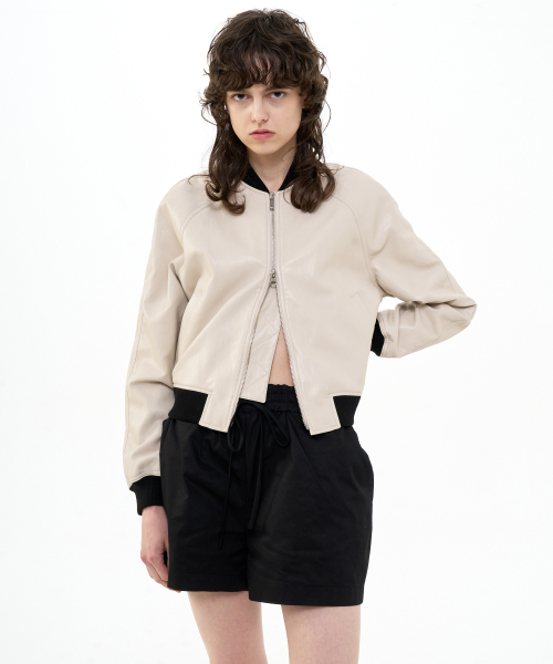 CROPPED FAUX leather BOMBER JACKET_BEIGE