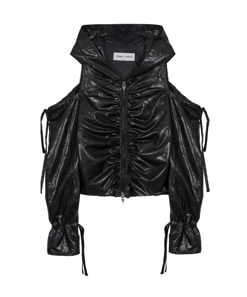 SHIRRING CUT OUT HOOD ZIP-UP_BLACK