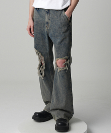 Minimal Bootscut Destroyed Denim Pants CAMEL BLUE