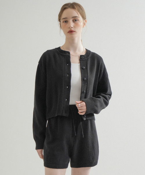 [Cotton 100%] Round Кардиган & Полу Pant Трикотаж Set Up (Черный)