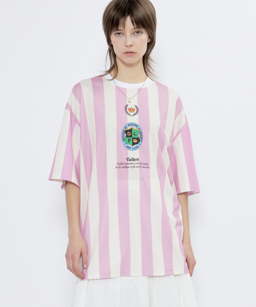 MUSINSA | FALLETT Emblem striped short sleeve t-shirt pink