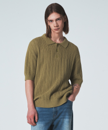 LEAVES COLLAR BUTTON HALF KNIT OLIVE