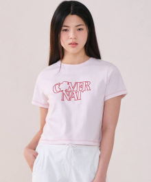 우먼 크롭 스티치 티셔츠 라이트 핑크