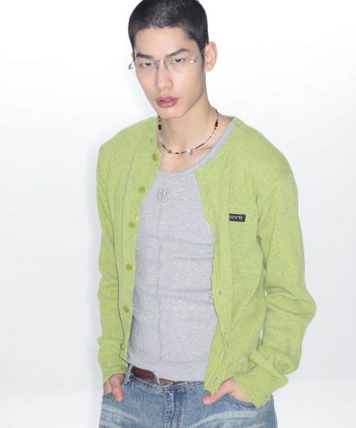 MUSINSA | LECYTO Destroyed Round Wool Knit Cardigan_[Olive]