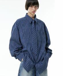 oversize check neck tie shirt (blue)