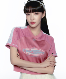 (우먼) 메쉬 숄더 배색 반팔 티셔츠_인디핑크