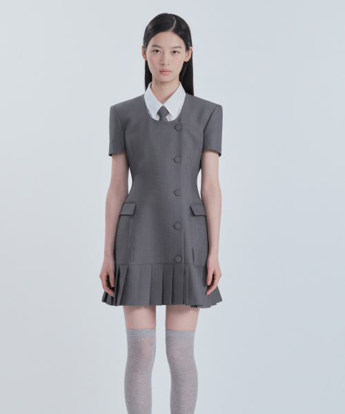 [기장 선택] Jenn Round Neck Pleated Half-Sleeve Suit Jacket Dress - Grey