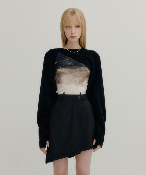 MUSINSA | YUSE CASHMERE SIGNATURE UNBALANCE BOLERO KNIT TOP - BLACK