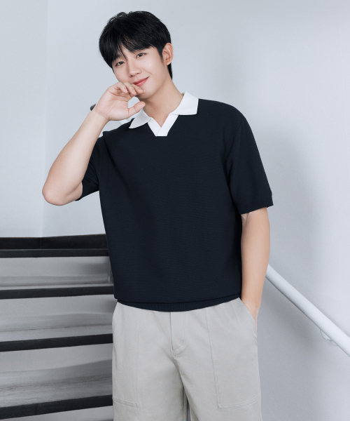 Collar Coloring Short Sleeve Knitwear - 2 color MYKT3101