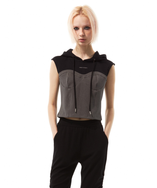 쓰리투에이티(THREE TO EIGHTY) HOODED CORSET T-SHIRT (BLACK