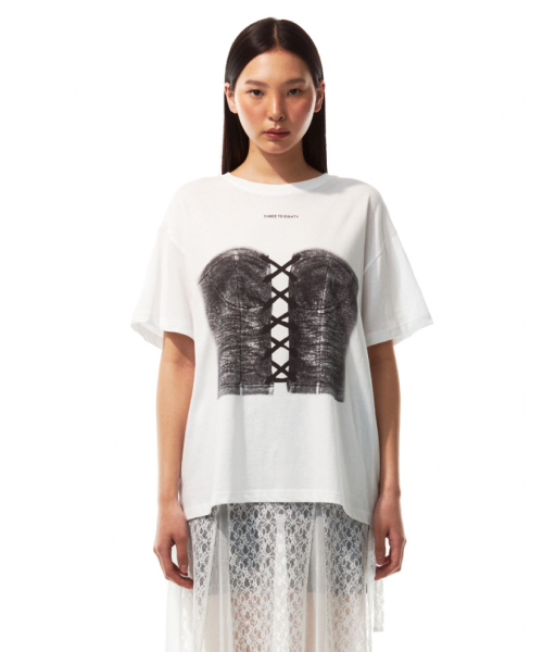 쓰리투에이티(THREE TO EIGHTY) CORSET PRINTED T-SHIRT (WHITE