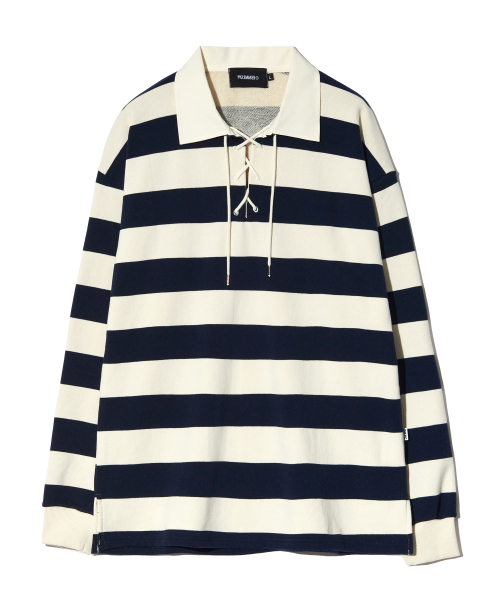 MUSINSA | PIECEMAKER LACE UP STRIPE RUGBY TEE (NAVY)