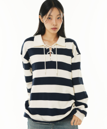 LACE UP STRIPE RUGBY TEE (NAVY)