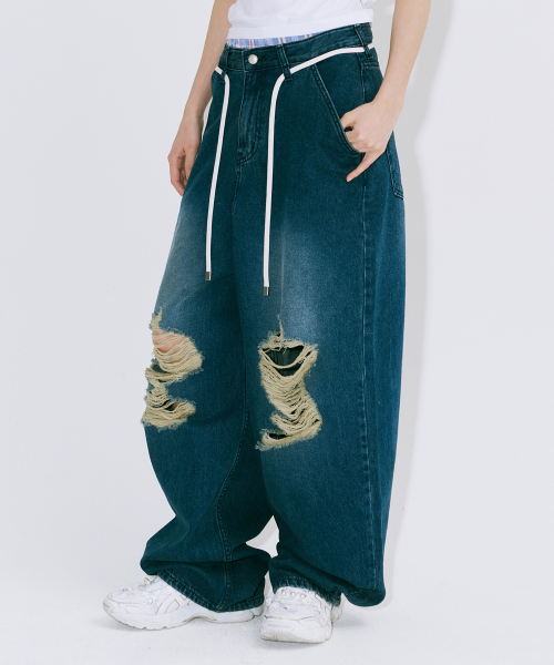 니어노어(NIIER NOR) DAMAGED BALLOON DENIM PANTS_INDIGO