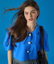 WOMEN 여름 피케 카라 퍼프 진주 크롭 반팔 셔츠 [BLUE]