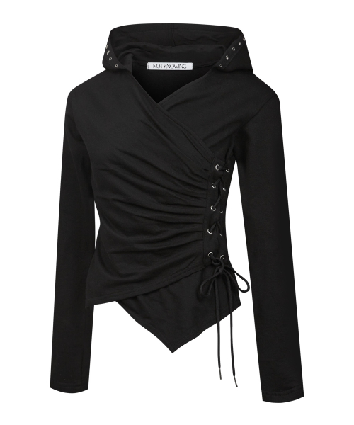 MUSINSA NOTKNOWING Lace Up Shirring Eyelet Hoodie BLACK