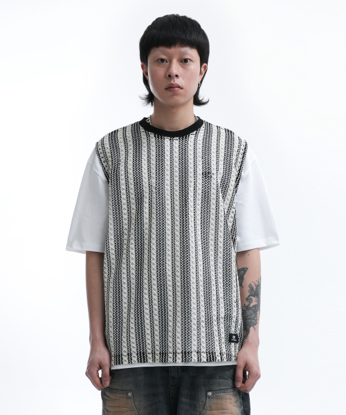 STRIPE CROCHET KNIT VEST-кремовый