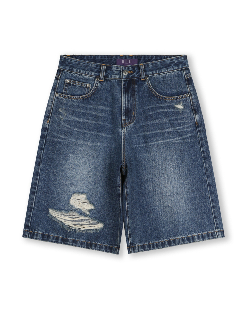 DISTRESSED WIDE DENIM SHORTS синий
