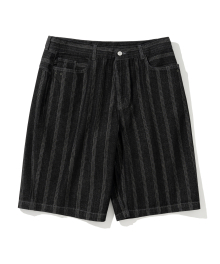 jacquard stripe denim short pants 10.5oz black washed