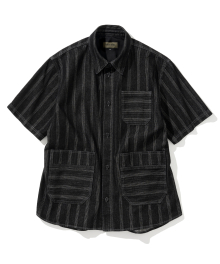 jacquard stripe denim s/s shirt 10.5oz black washed
