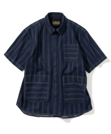 jacquard stripe denim s/s shirt 10.5oz indigo washed