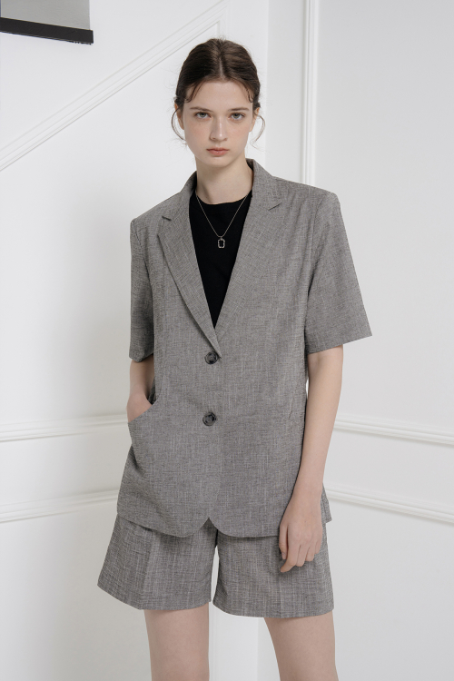 Оверсайз жакет с коротким рукавом и круглыми карманами (Grey)