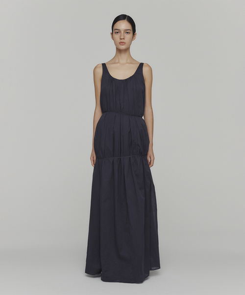 아모멘토(AMOMENTO) NECK SHIRRING SHEER LONG DRESS (2COLORS