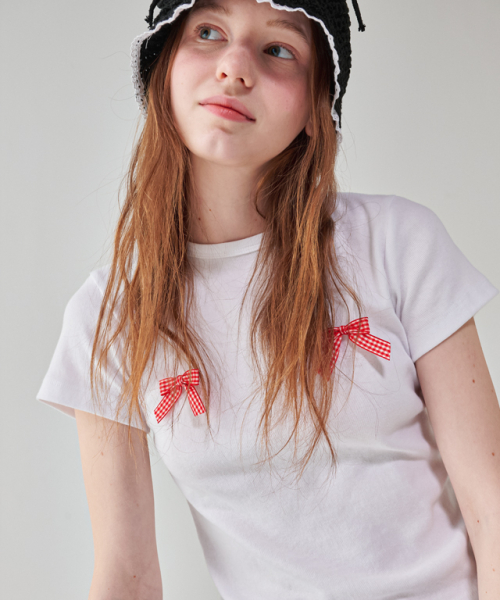★2024SS新作★RONRON★REAL GINGHAM RIBBON SLIM CROP T SHIRT 론론(RONRON) REAL GINGHAM RIBBON SLIM CROP T SHIRT WHITE RED