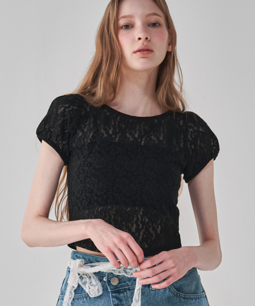 론론(RONRON) FLOWER LACE SLIM T SHIRT BLACK - 사이즈 & 후기