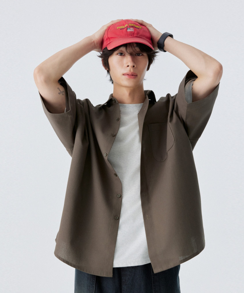 All Day лён Over-Fit половина Shirts_Khaki