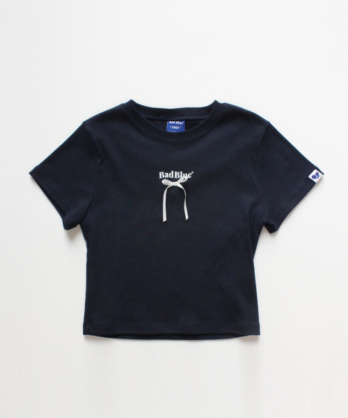 BAD BLUE ♥ Ribbon Logo Tee / 追跡付 배드블루(BADBLUE) Ribbon Logo Slim Tee Navy - 사이즈 & 후기