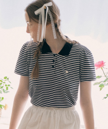 STRIPE COLLAR HALF T-SHIRT WH+BK