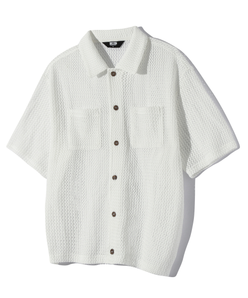 Оверсайз поло крючковая сетка с коротким рукавом вязаный (WHITE)