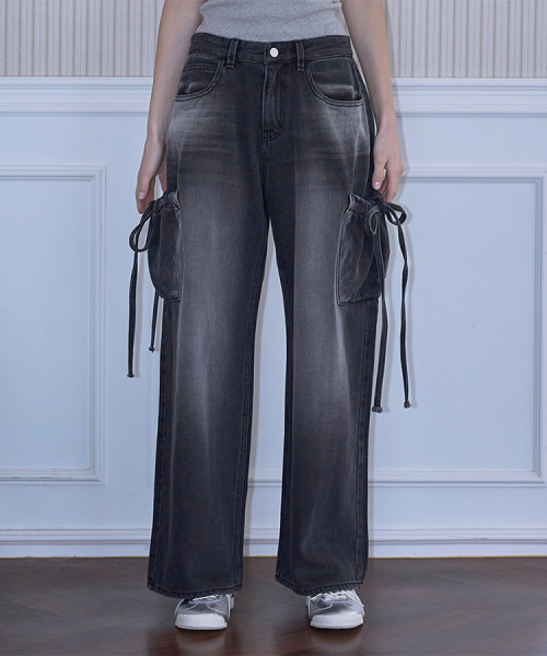 MUSINSA | ROSÉ FRANTZ Ribbon Wide Denim Pants [Black]