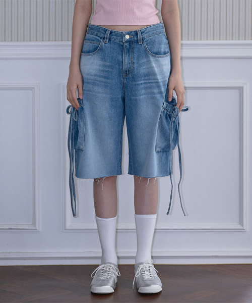 Ribbon Bermuda Denim Pants [Blue]