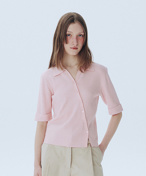 V-Neck Open Collar Cardigan_LIGHT PINK