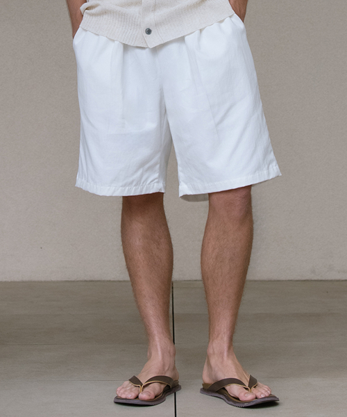 Washed Cotton Banding One-Tuck Half Pants [Ivory]