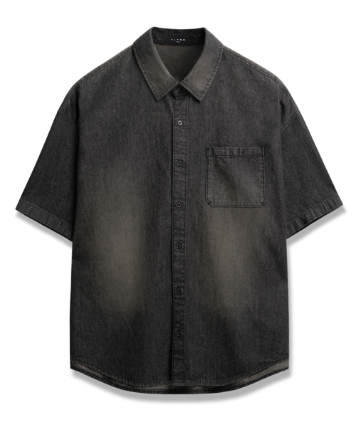 faded washing denim half shirt_dusty black