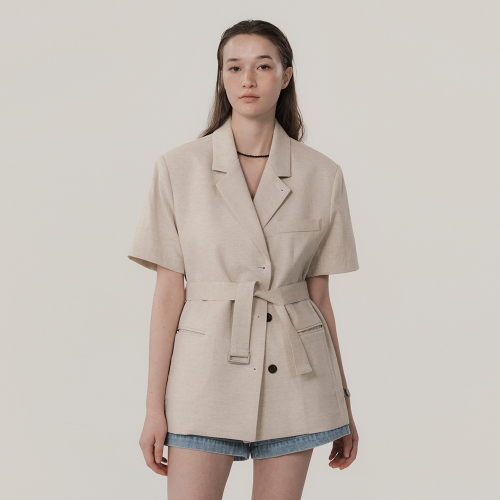 Льняной жакет с поясом классический Beige