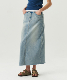 Rear-Slit Denim Long Skirt - Light Blue