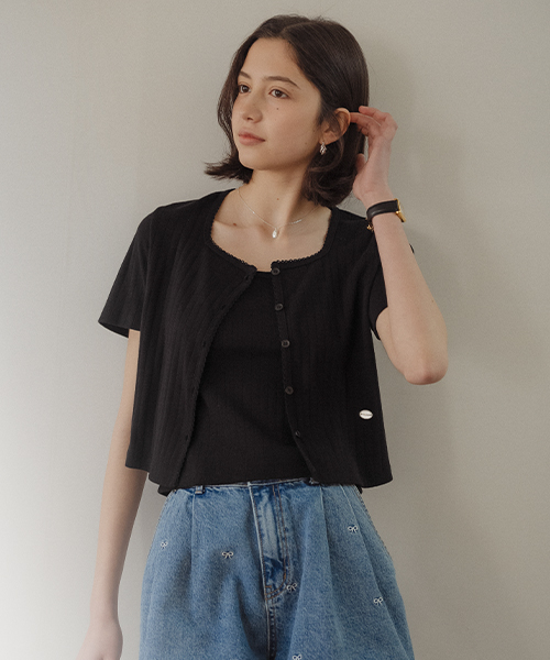 Sleeveless set half sleeve eyelet cardigan_Black