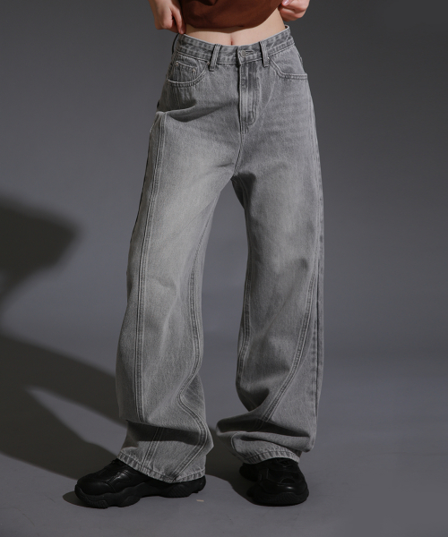 Женские винтажные джинсы semi-wide с разрезами_light grey