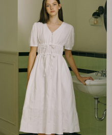 Ribbon Shirring Long Dress - White