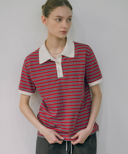 A3481 полосатая пике-футболка Red/Navy