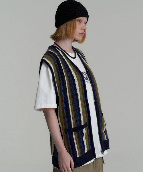 Vertical Stripe Knit Vest - Blue
