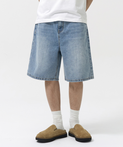 WASHED HALF DENIM PANTS LIGHT BLUE