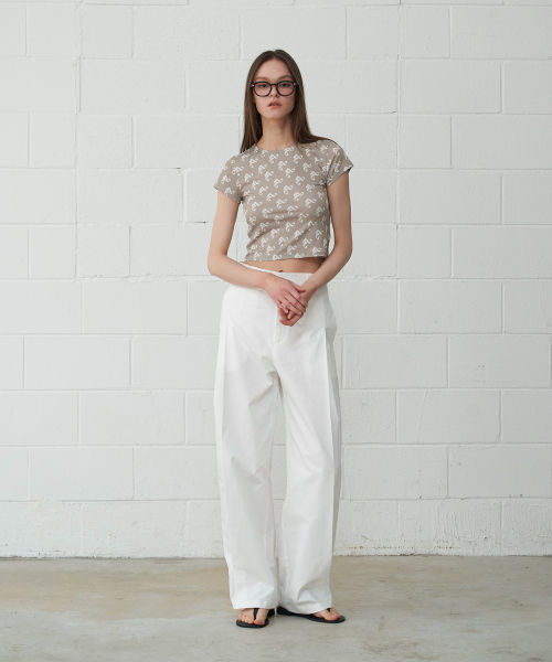 Pattern Cropped Crew Neck T-Shirt Beige